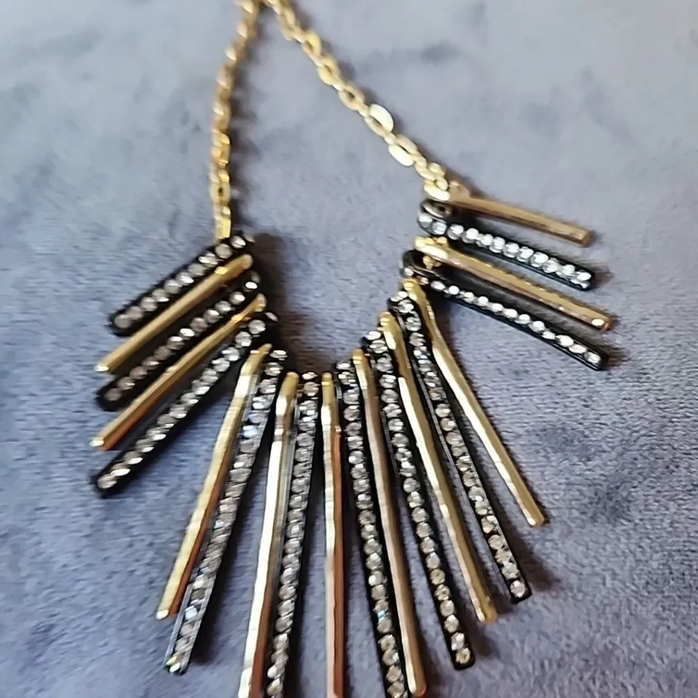 Vintage Tribal Bib Necklace Gold Black Faux Diamonds